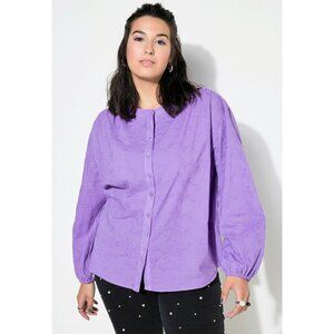 Studio Untold Purple Floral Textured Balloon Sleeve Button Down Blouse Plus Size